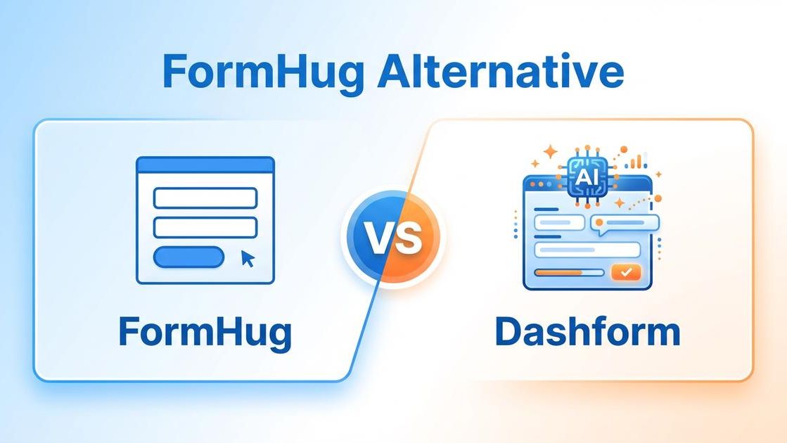 FormHug vs. Dashform comparison, showing FormHug as a simple web form and Dashform as an AI-enhanced interface, titled 'FormHug Alternative'.