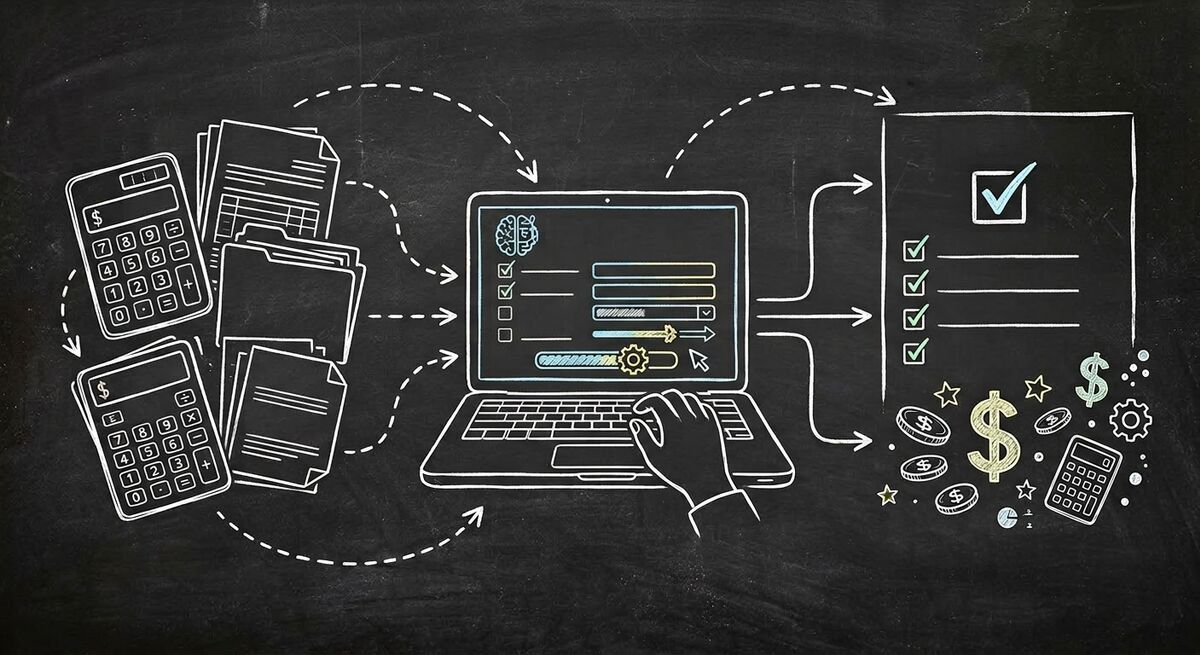 Chalkboard sketch illustration of accounting firm AI client intake showing calculator and tax documents connected to digital form and laptop