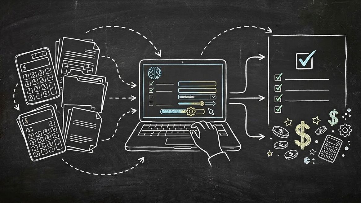 Chalkboard sketch illustration of accounting firm AI client intake showing calculator and tax documents connected to digital form and laptop