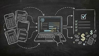 Chalkboard sketch illustration of accounting firm AI client intake showing calculator and tax documents connected to digital form and laptop