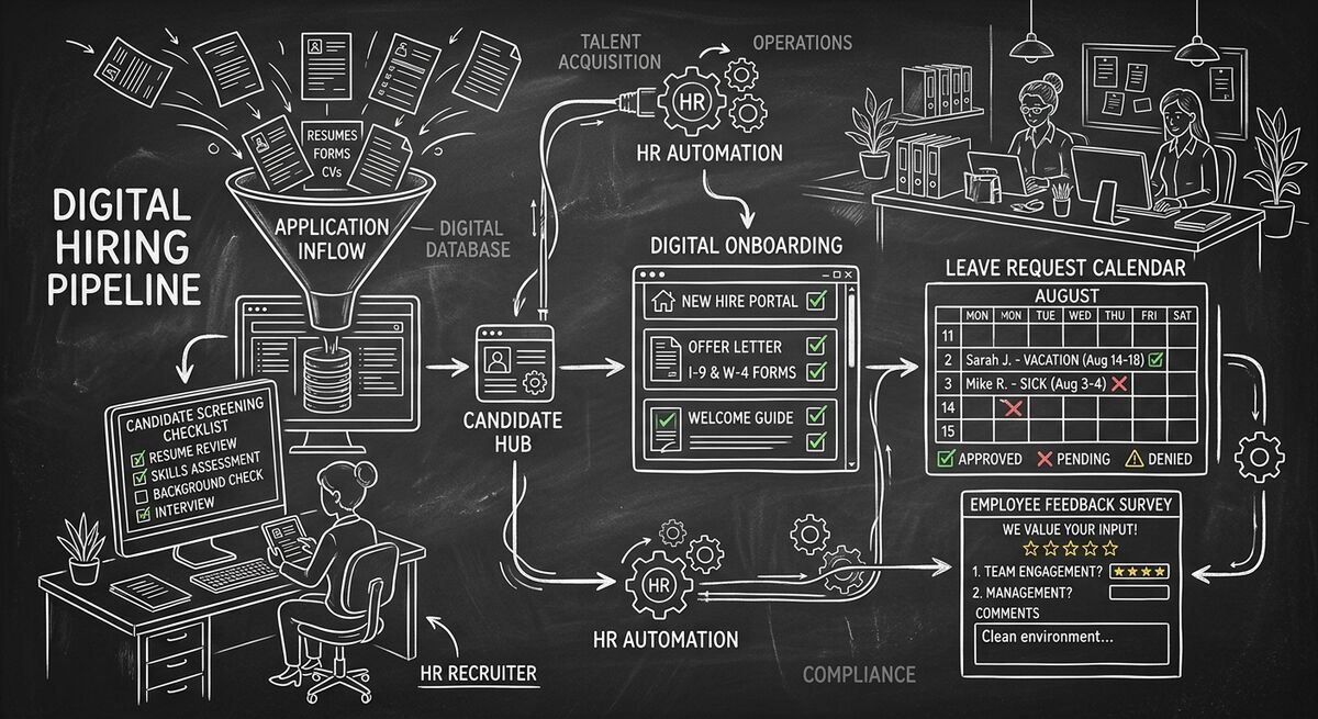 AI tools for HR showing application screening, onboarding, and employee lifecycle automation