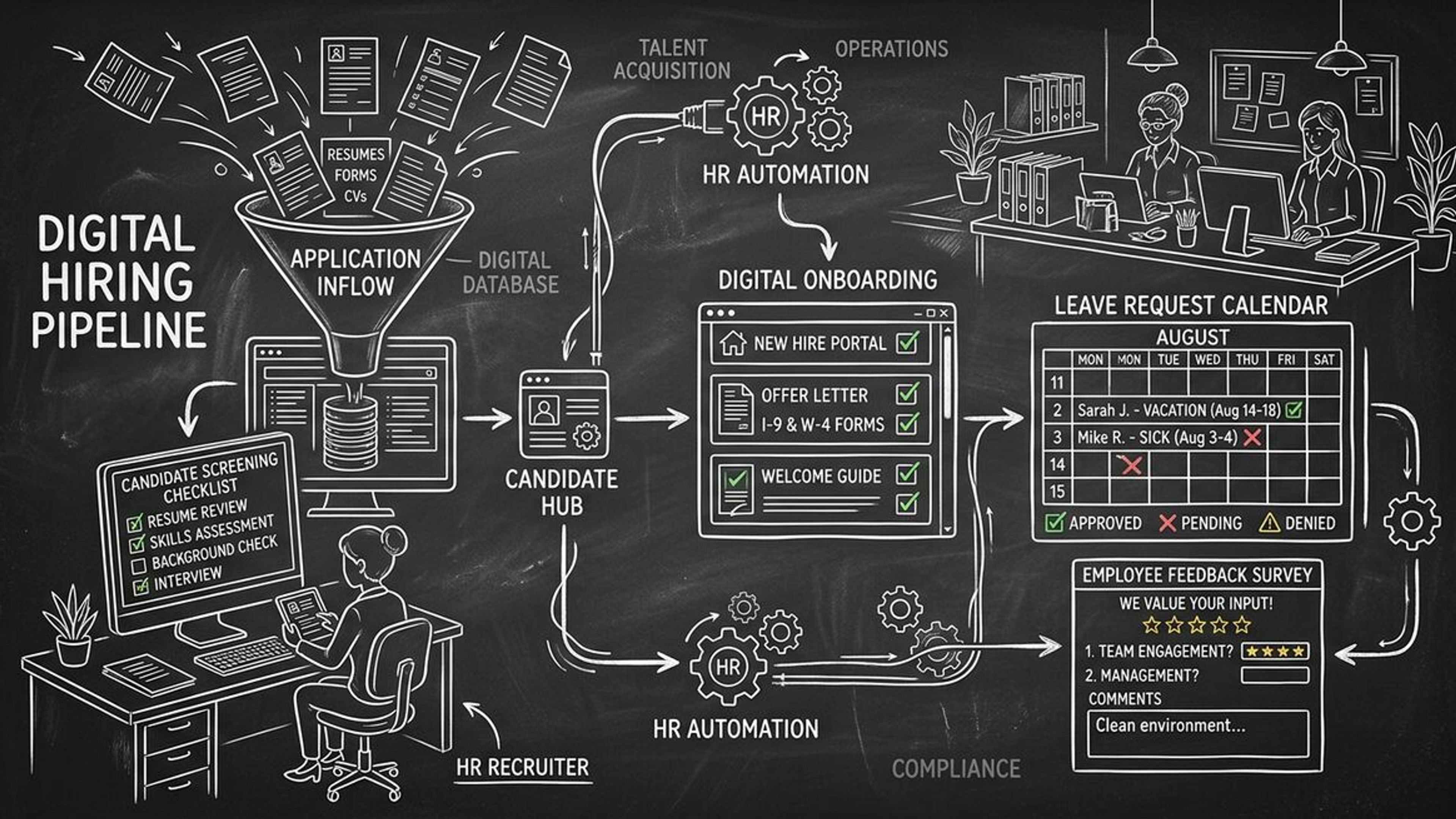 AI tools for HR showing application screening, onboarding, and employee lifecycle automation