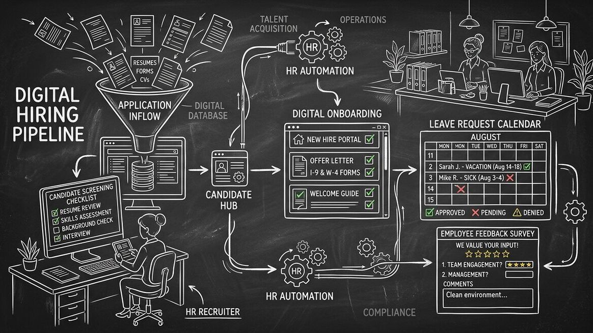 AI tools for HR showing application screening, onboarding, and employee lifecycle automation