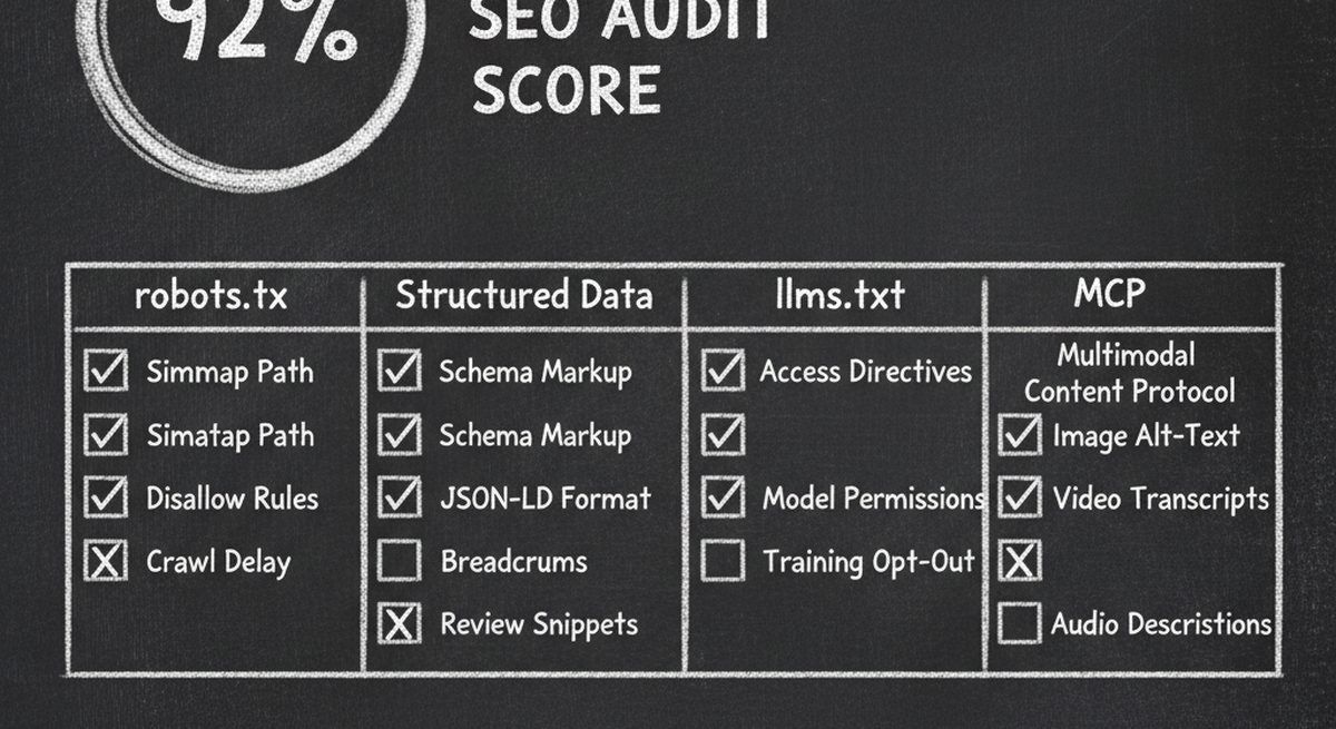 Chalkboard illustration showing AEO audit checklist with pass/fail items across robots.txt, structured data, llms.txt, and MCP categories
