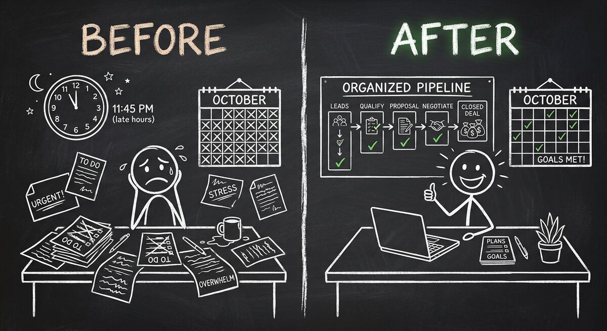 Before and after pipeline comparison showing messy unqualified process vs organized qualified pipeline