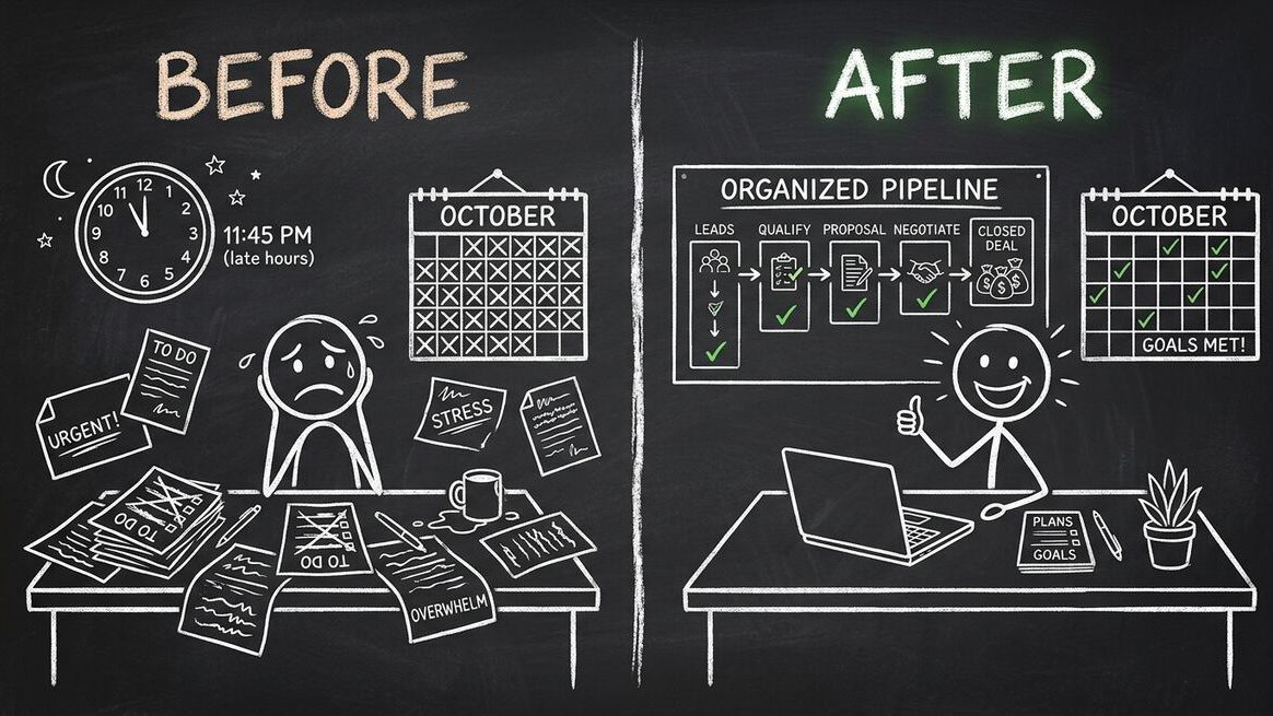 Before and after pipeline comparison showing messy unqualified process vs organized qualified pipeline
