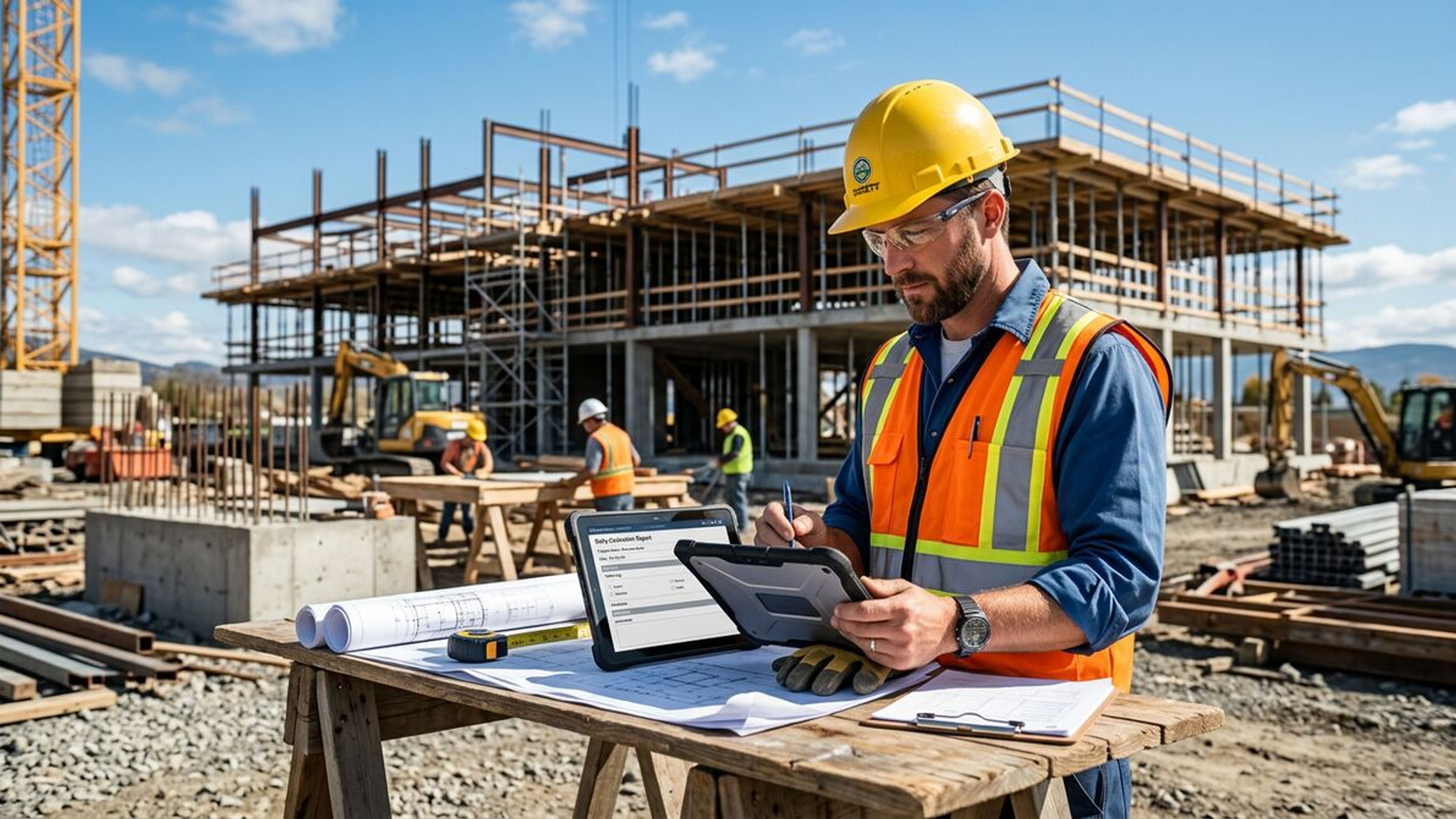 Contractor reviewing digital form on tablet at construction site