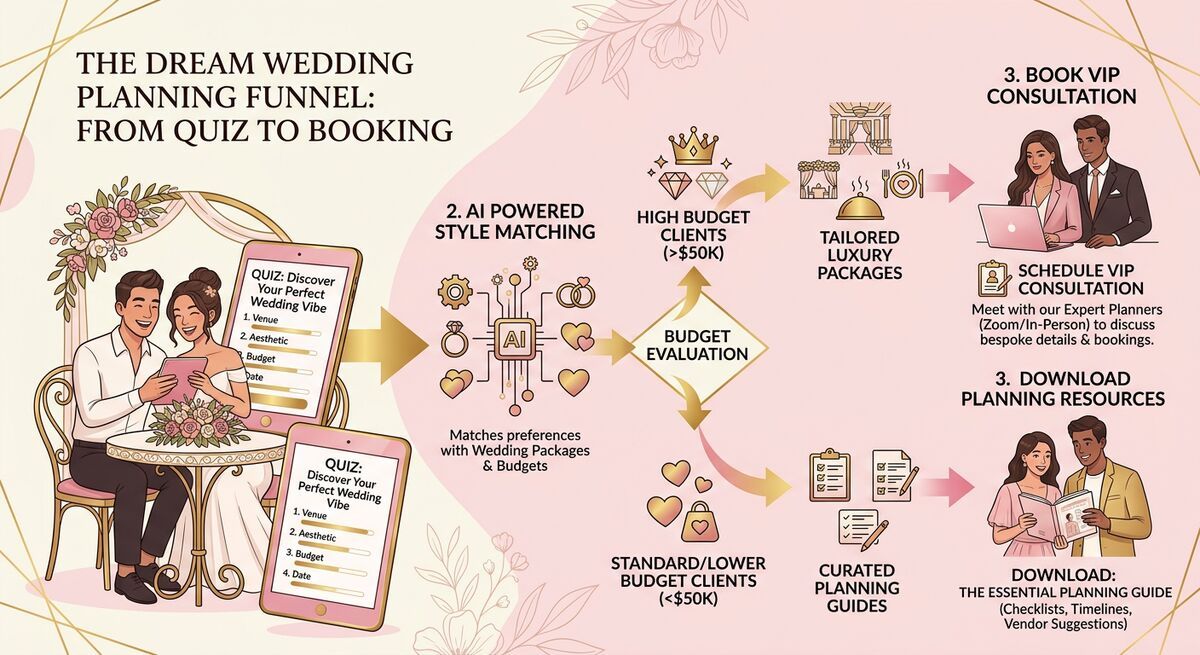 Wedding planner quiz funnel workflow showing style quiz leading to personalized recommendations and qualified consultation bookings