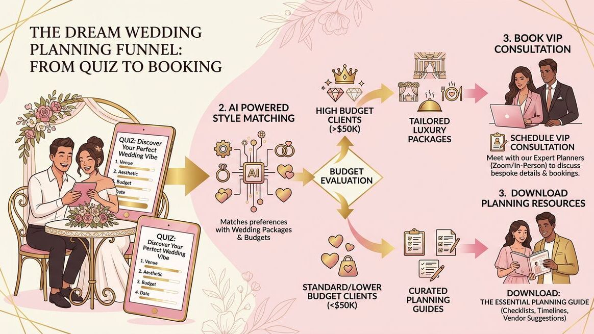 Wedding planner quiz funnel workflow showing style quiz leading to personalized recommendations and qualified consultation bookings