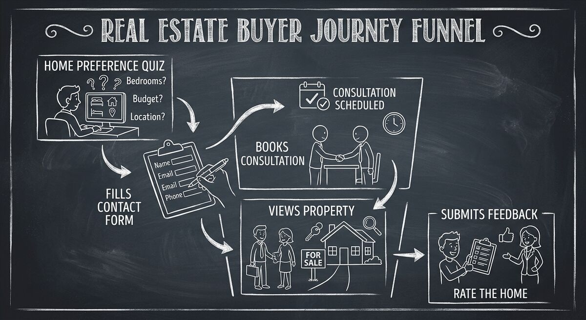 Real estate client journey from home preference quiz through contact form, consultation, showing, and feedback