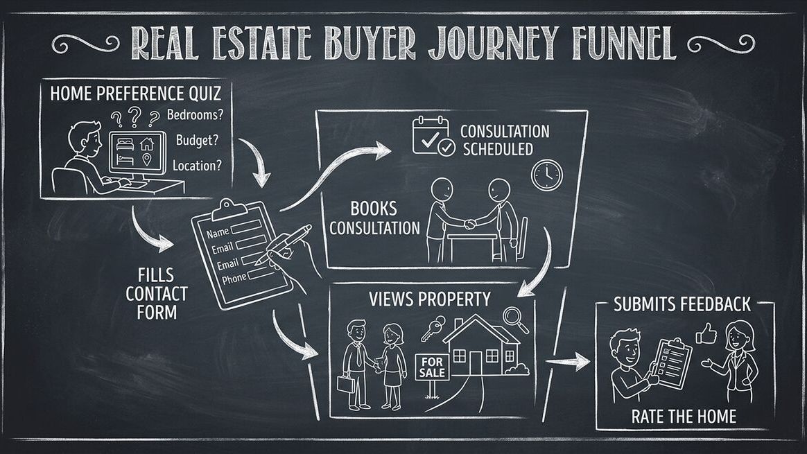 Real estate client journey from home preference quiz through contact form, consultation, showing, and feedback