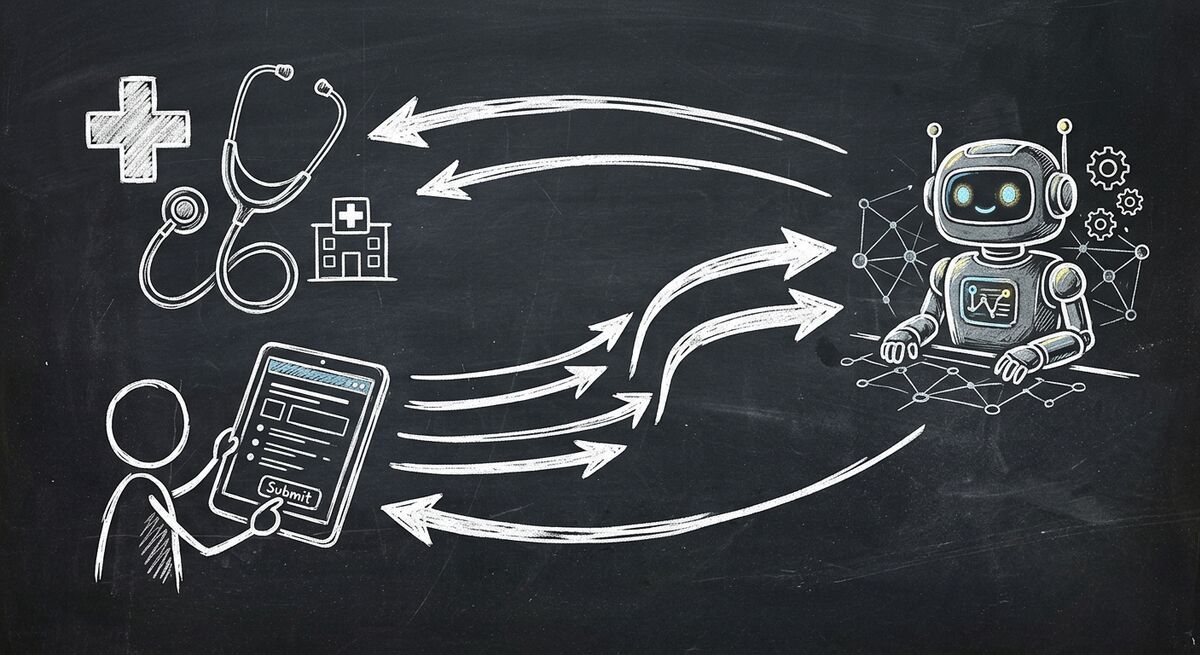 Chalkboard sketch of medical clinic AI automation with OpenClaw agent and Dashform patient forms