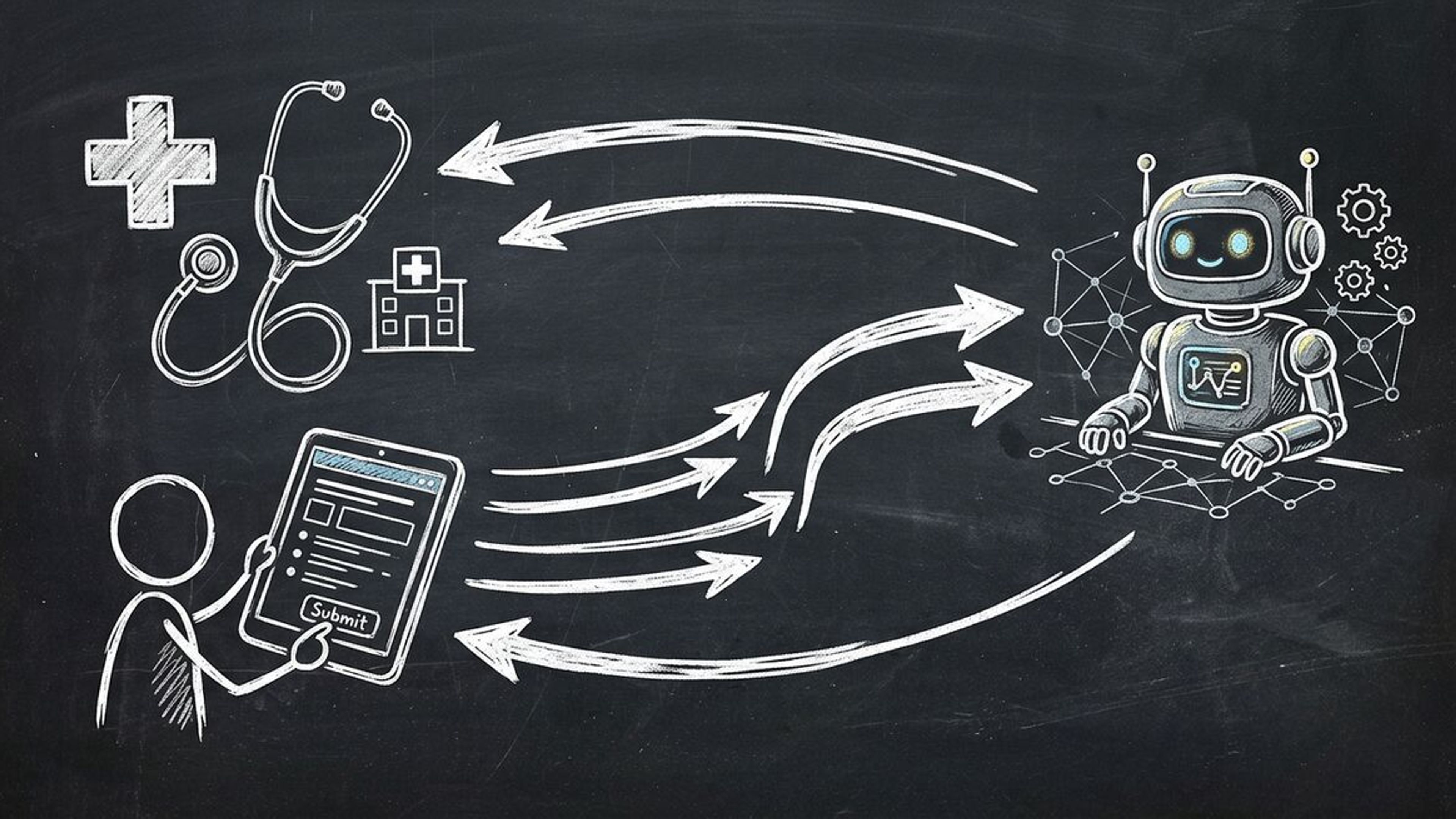 Chalkboard sketch of medical clinic AI automation with OpenClaw agent and Dashform patient forms
