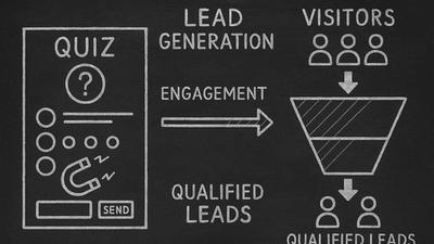Lead generation quiz guide showing quiz interface, lead funnel, and email capture in chalkboard style illustration