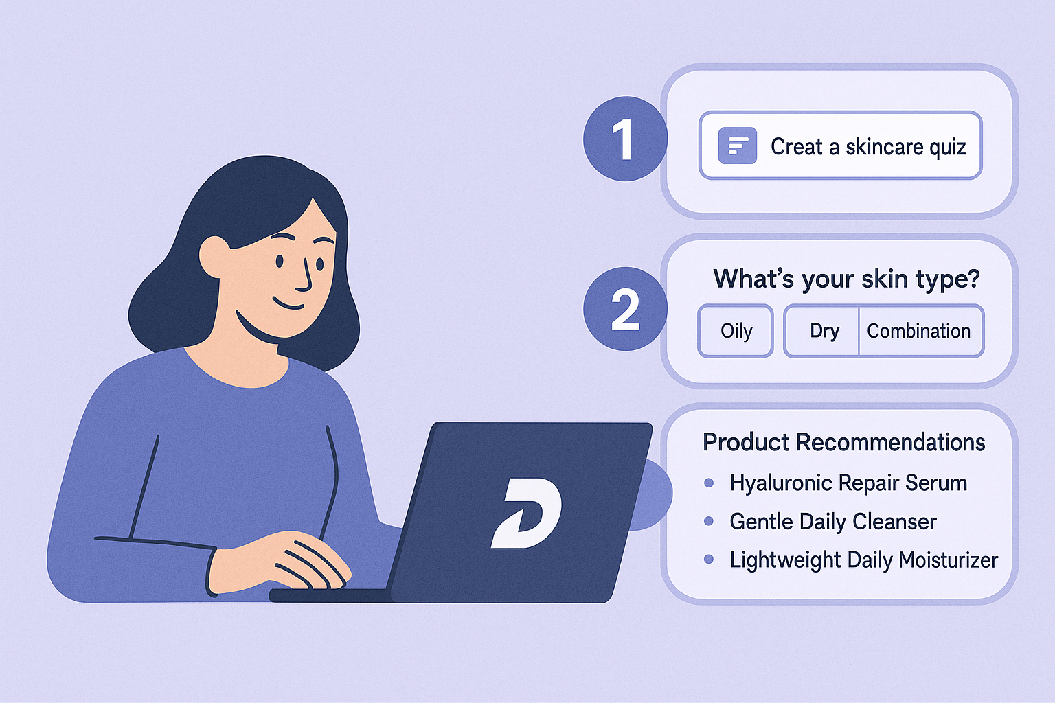 An illustration shows a woman on a laptop next to steps for creating a skincare quiz, selecting skin type, and getting product recommendations.