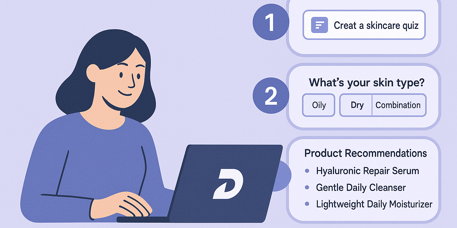 An illustration shows a woman on a laptop next to steps for creating a skincare quiz, selecting skin type, and getting product recommendations.