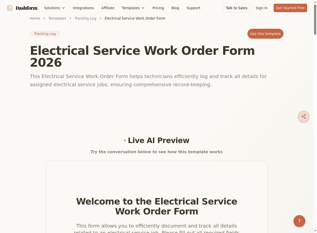 Dashform Service Work Order Form template page screenshot