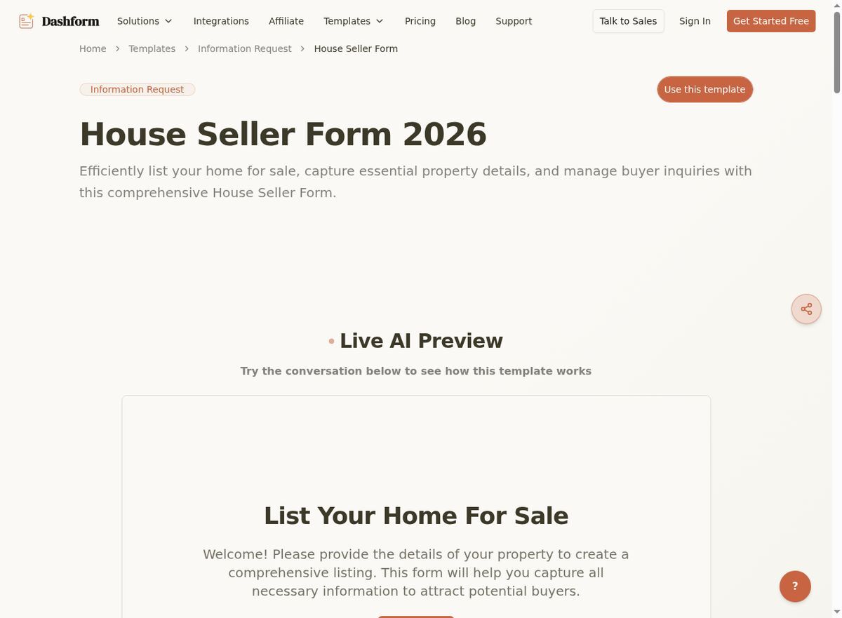 Dashform House Seller Form template page screenshot