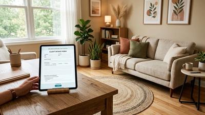 Professional therapy office with digital intake forms on a tablet