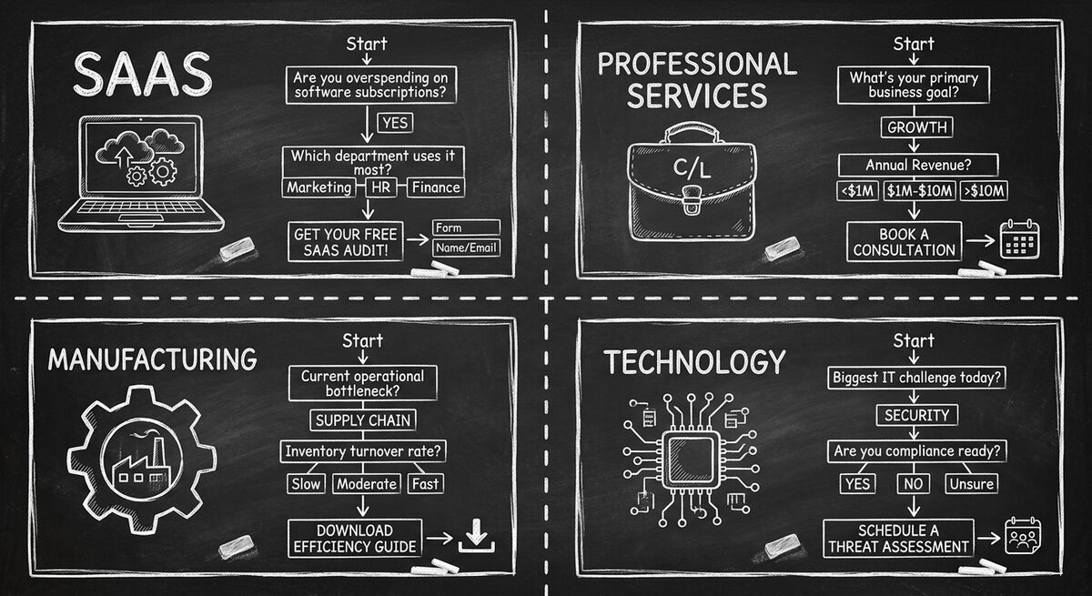 Four B2B quiz funnel use cases: SaaS, Professional Services, Manufacturing, Technology