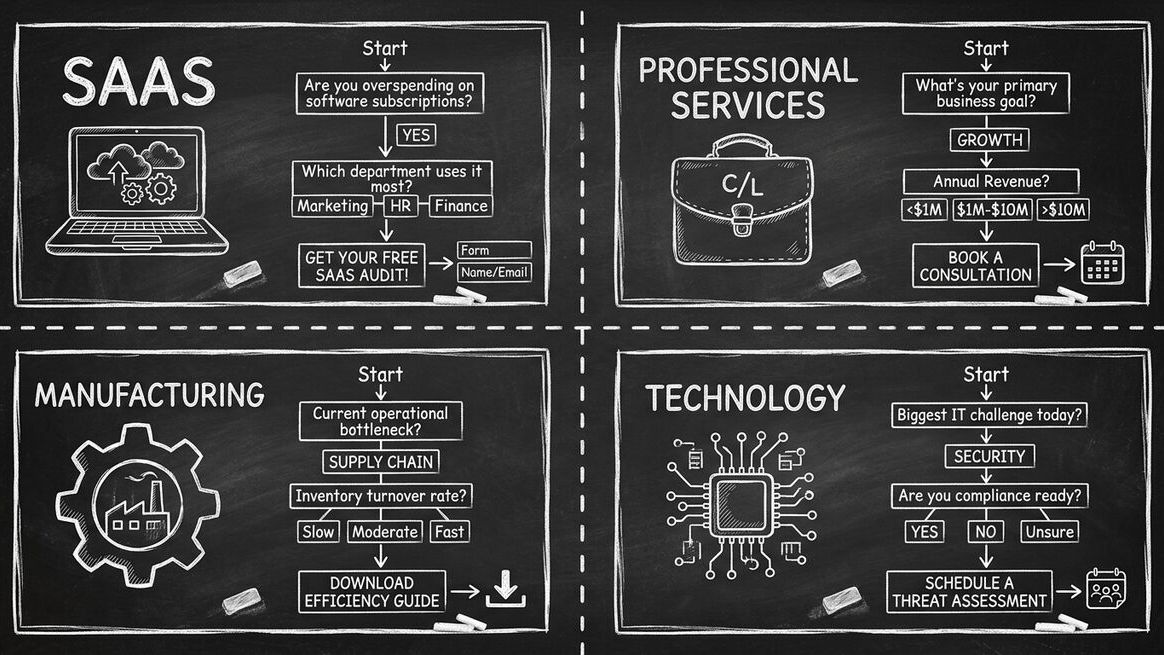 Four B2B quiz funnel use cases: SaaS, Professional Services, Manufacturing, Technology