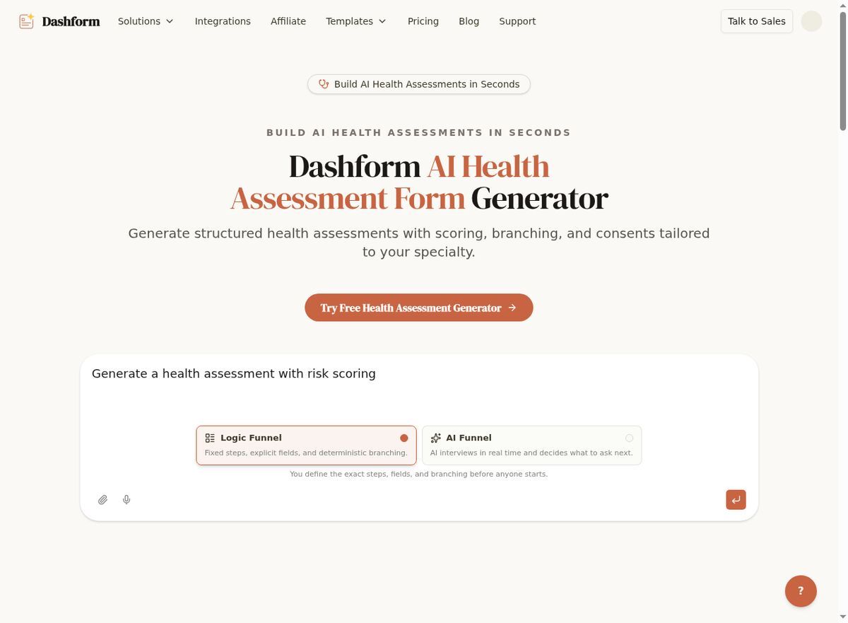 Dashform AI Health Assessment Form Generator interface for creating dental patient intake forms