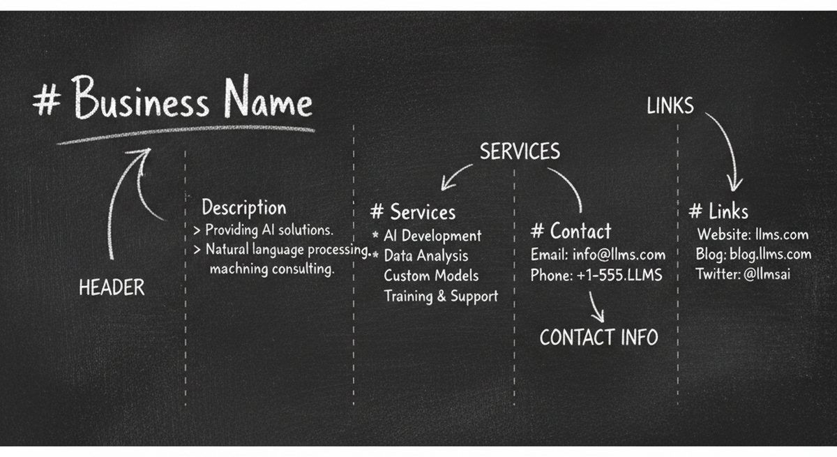 Chalkboard illustration showing the structure and format of an llms.txt file with labeled sections