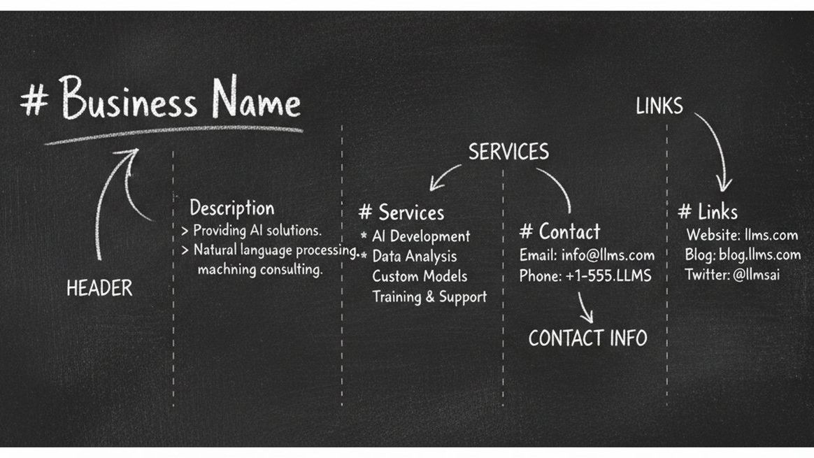 Chalkboard illustration showing the structure and format of an llms.txt file with labeled sections