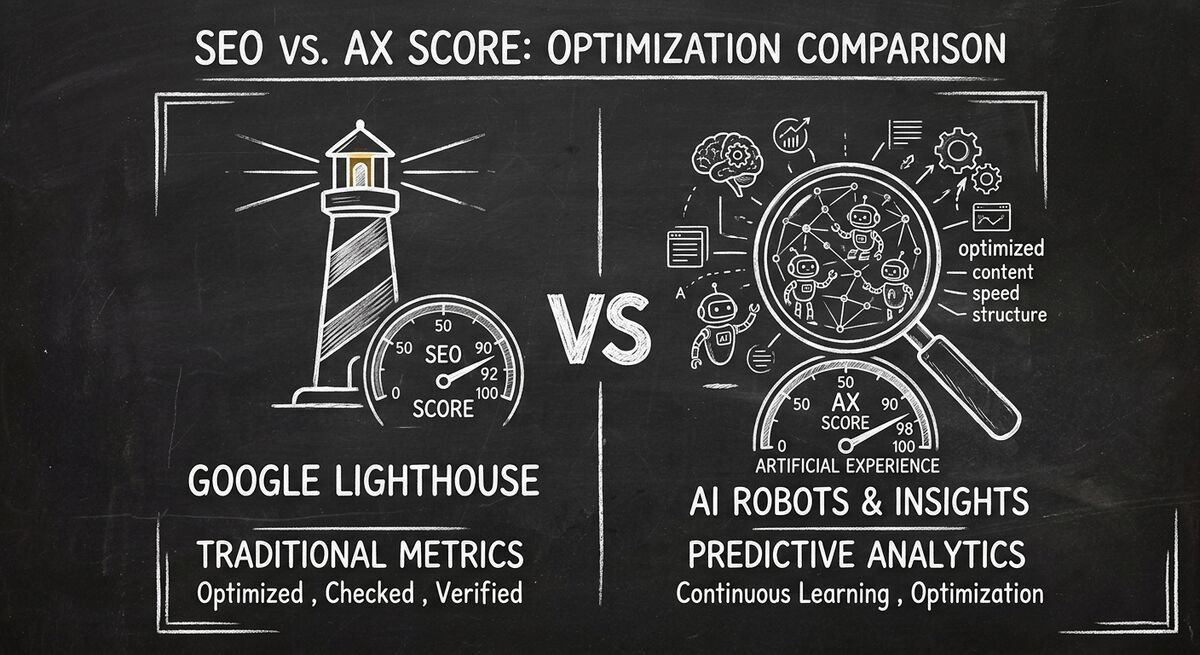 Side by side comparison of SEO Lighthouse Score vs AX Score for AI agents