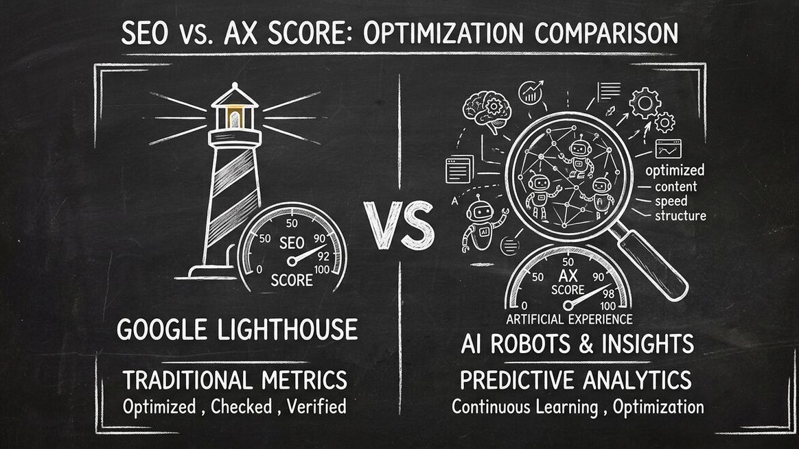 Side by side comparison of SEO Lighthouse Score vs AX Score for AI agents