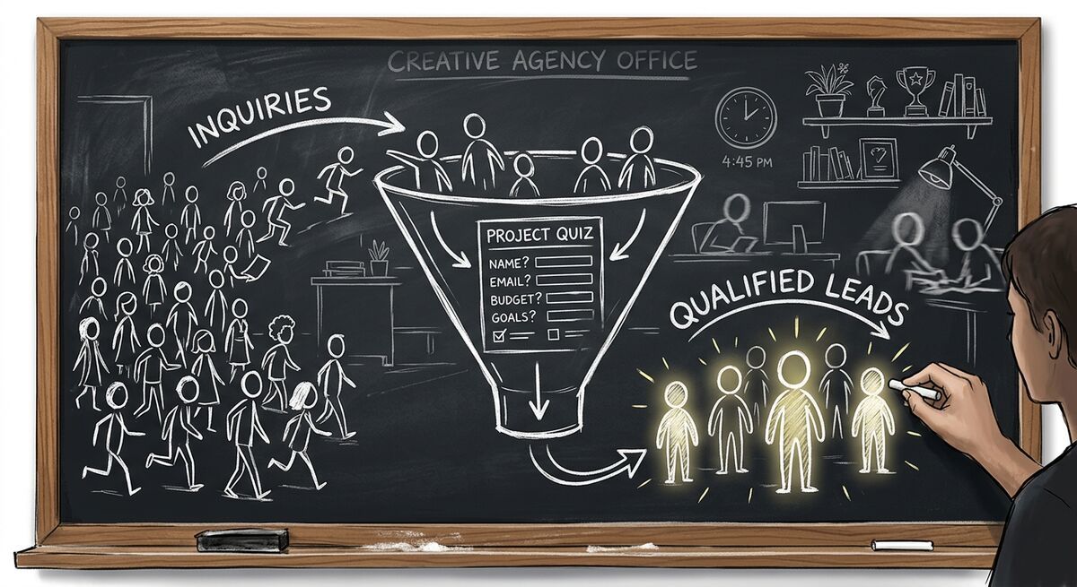Chalkboard sketch showing creative agency lead qualification funnel with inquiries entering and qualified leads emerging
