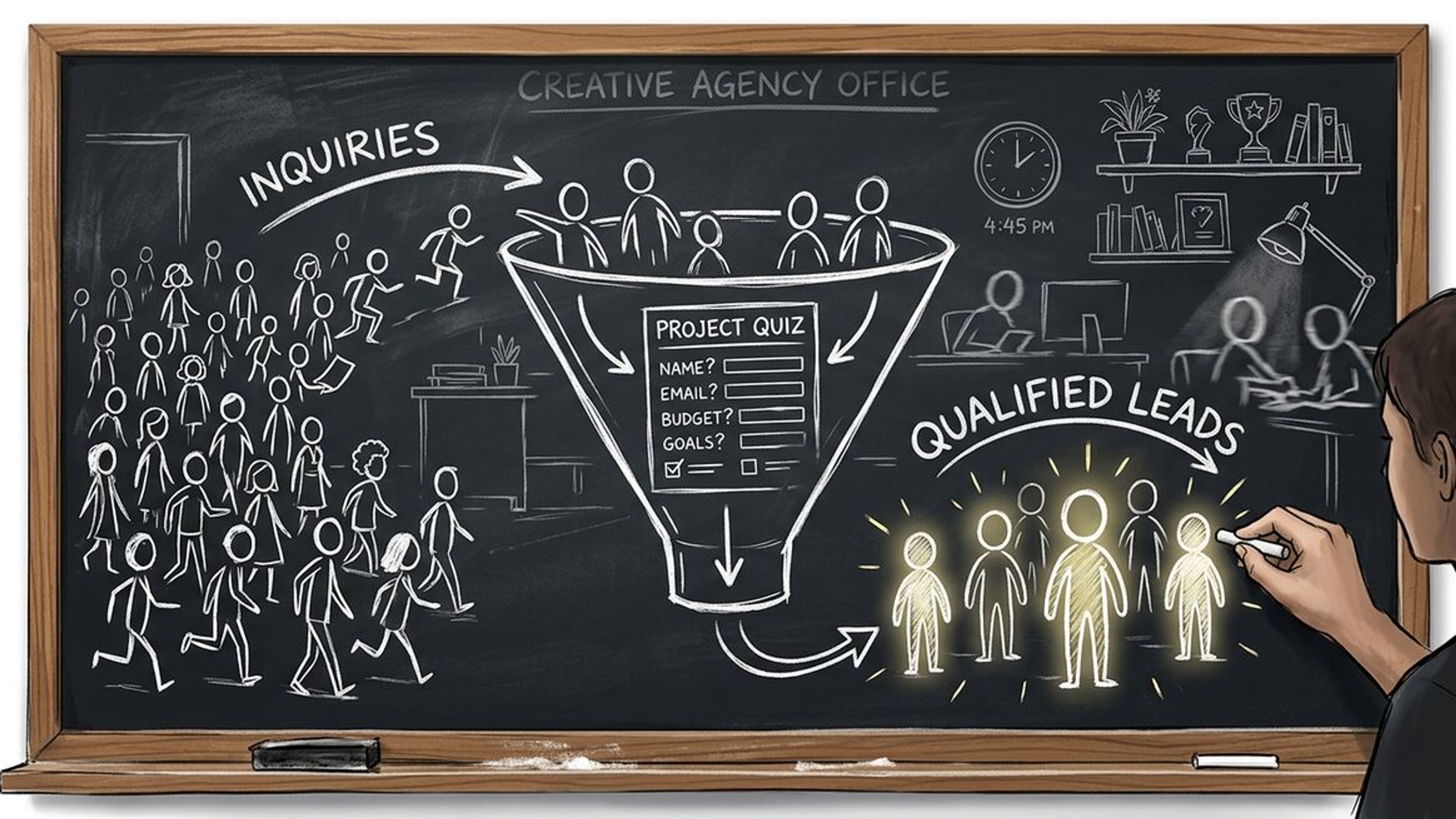 Chalkboard sketch showing creative agency lead qualification funnel with inquiries entering and qualified leads emerging