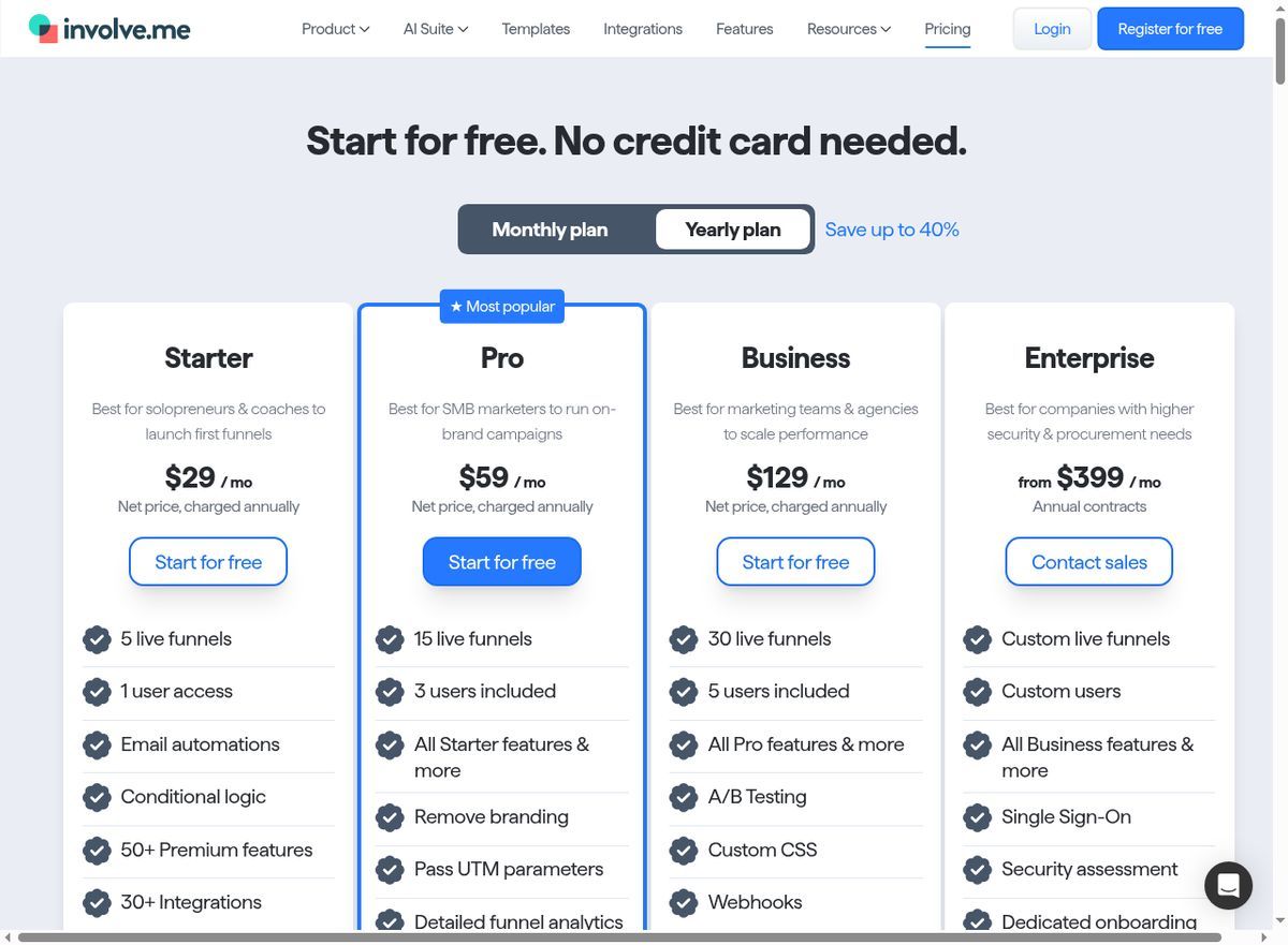 involve.me pricing — plans range from Free to $399/month