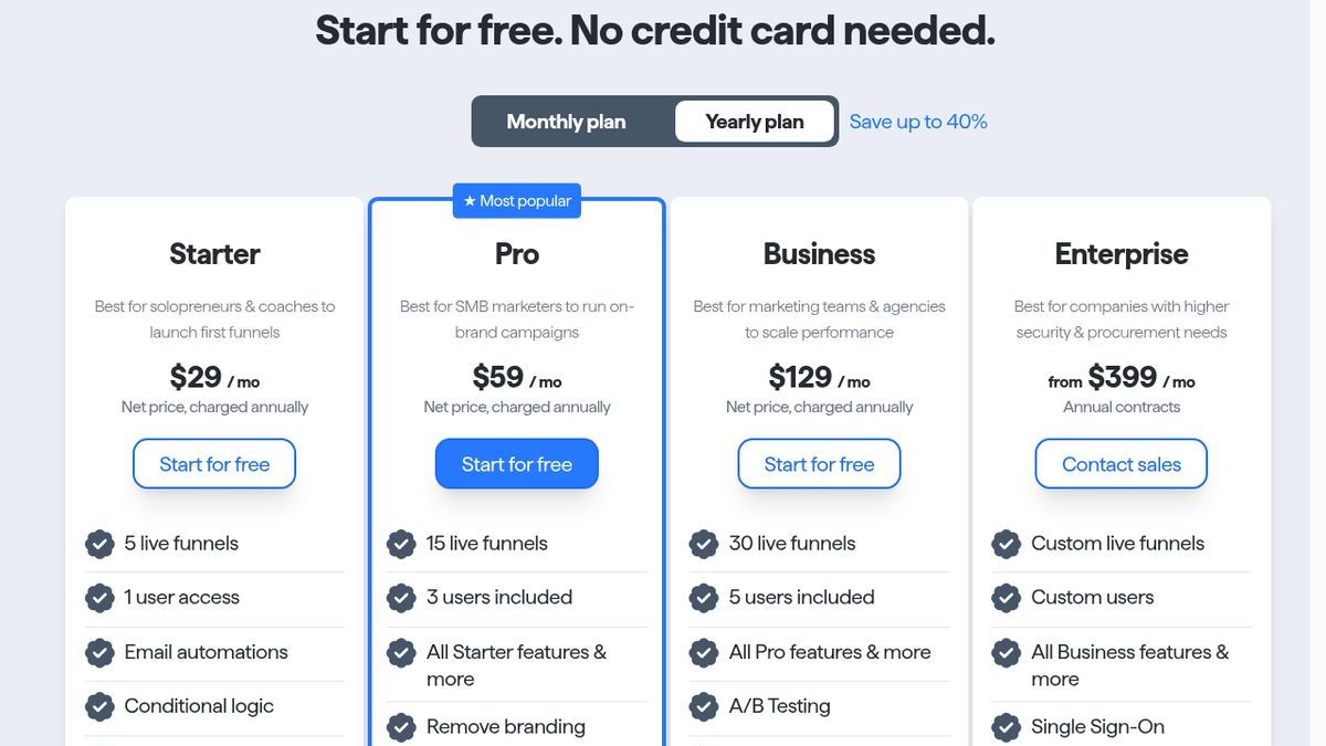 involve.me pricing — plans range from Free to $399/month