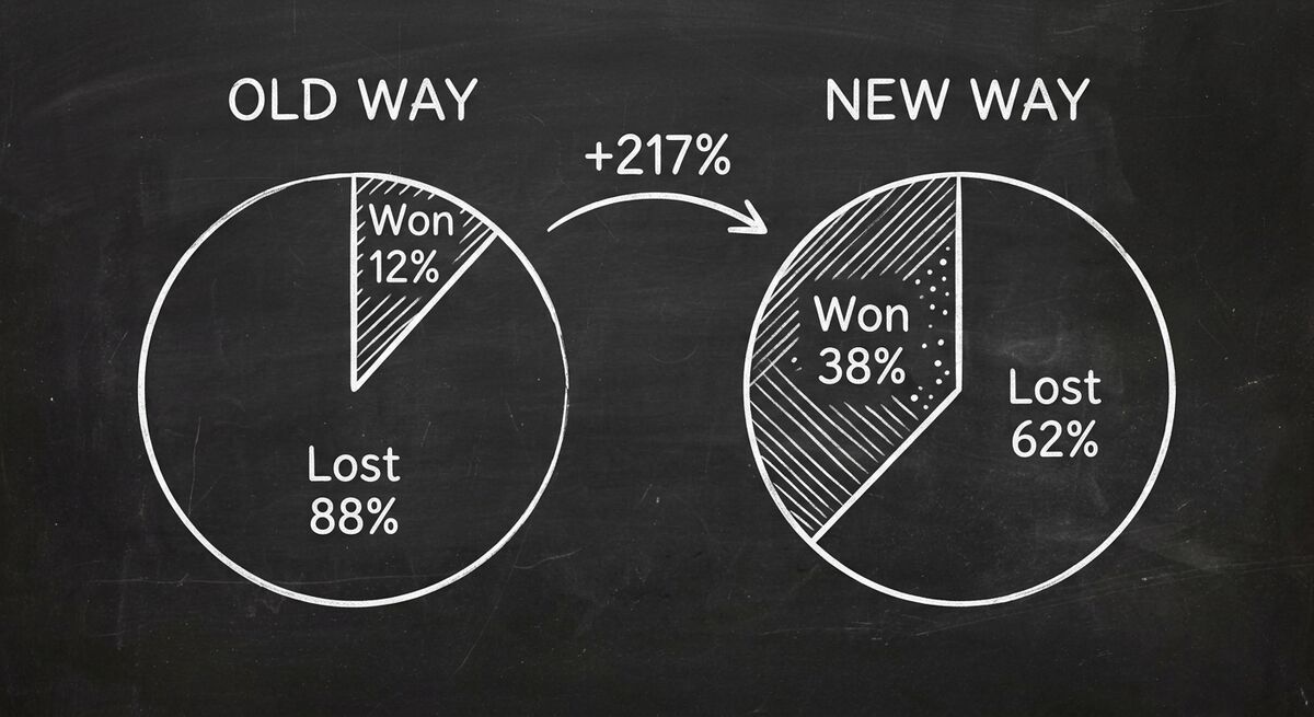 Two pie charts comparing old 12% close rate vs new 38% close rate