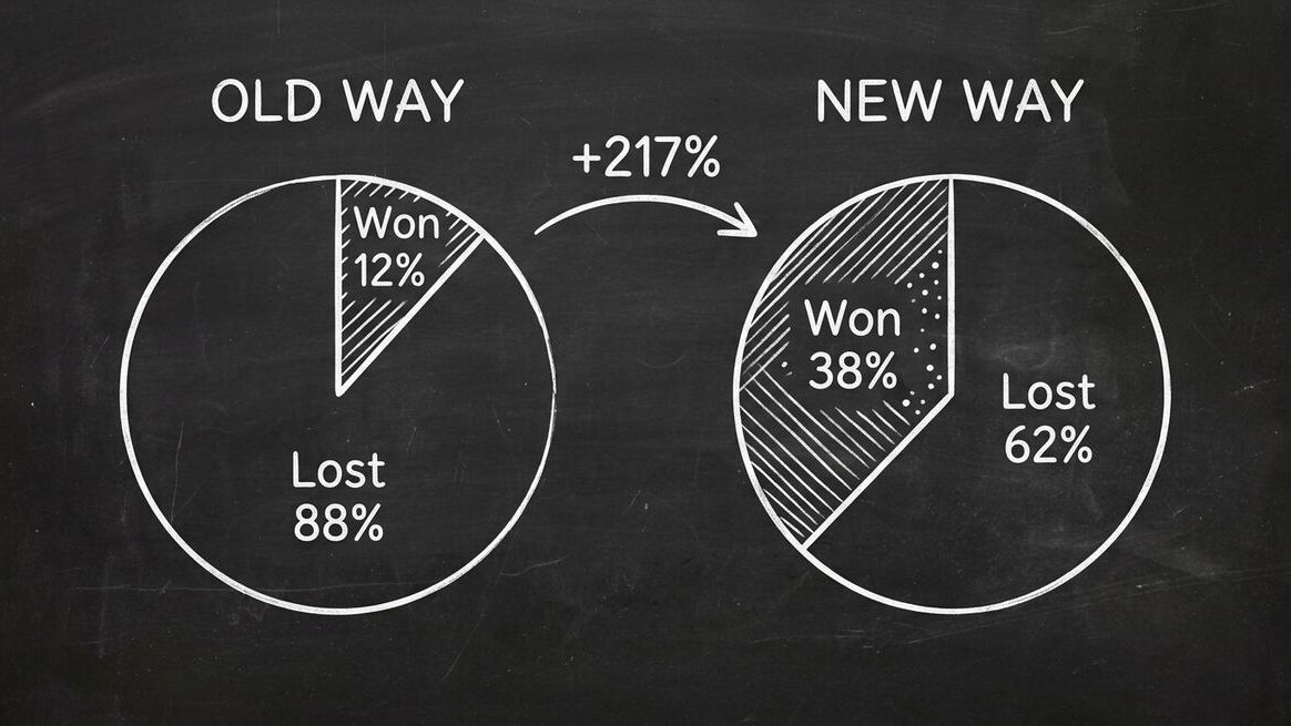 Two pie charts comparing old 12% close rate vs new 38% close rate