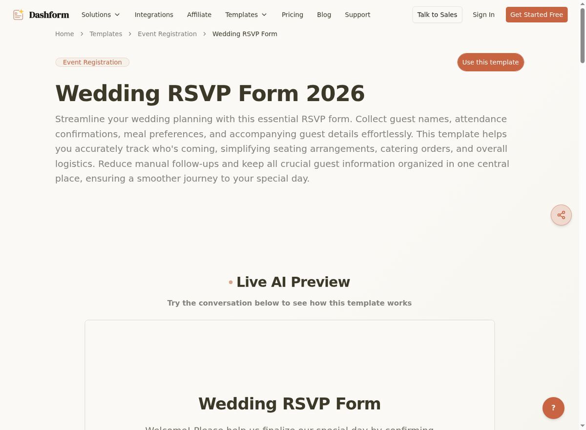 Dashform Wedding Photography Questionnaire template page screenshot