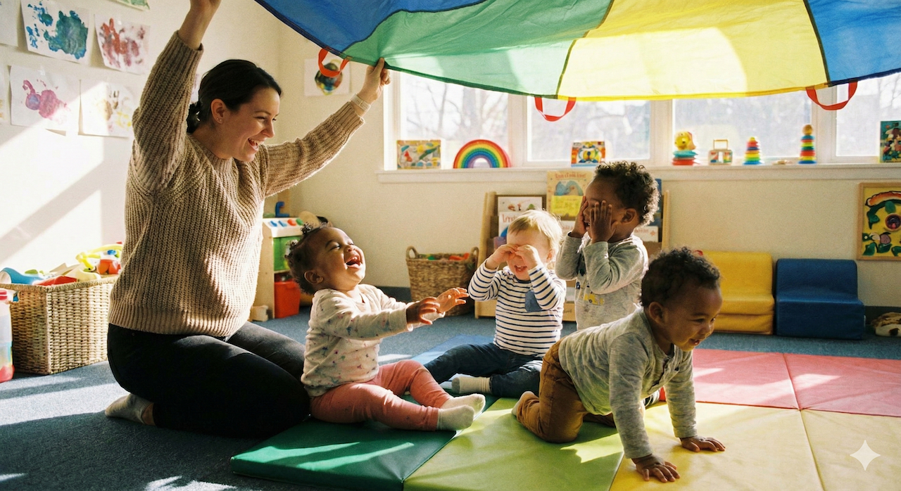 A teacher and four toddlers joyfully play with a colorful parachute, laughing and covering their eyes.