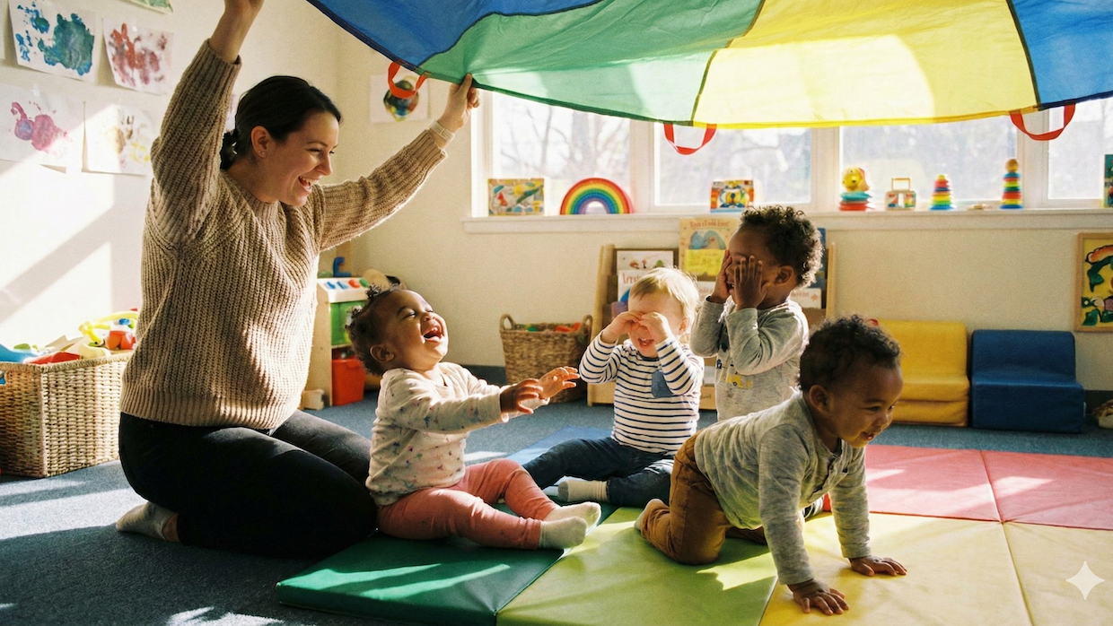 A teacher and four toddlers joyfully play with a colorful parachute, laughing and covering their eyes.