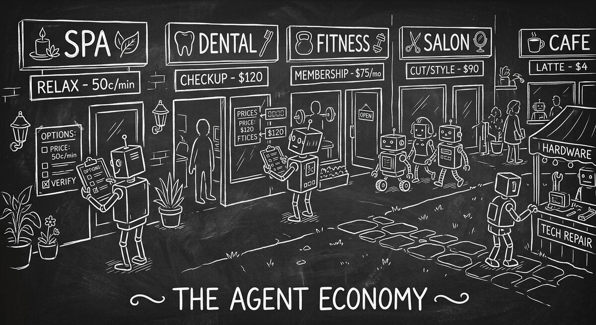 Chalkboard sketch of an AI agent marketplace with robot shoppers browsing local business storefronts