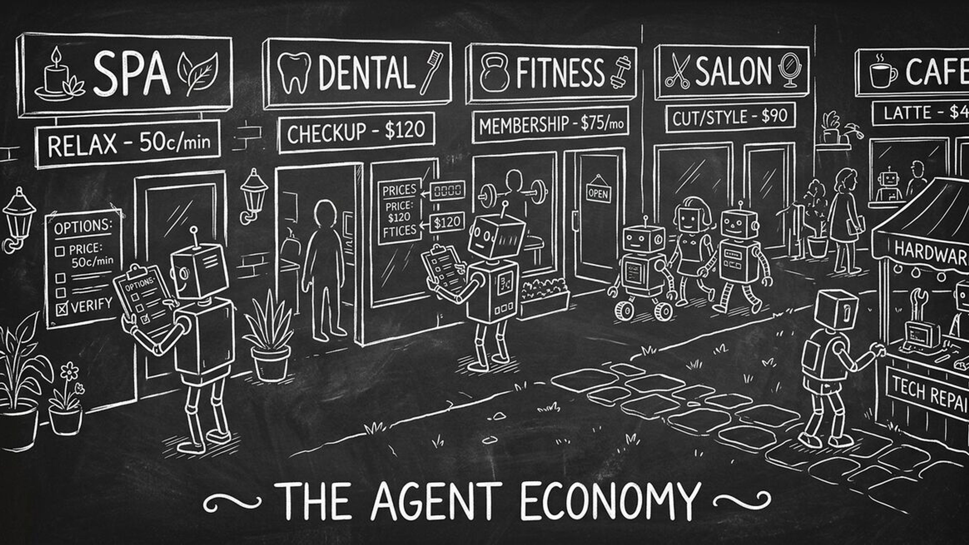 Chalkboard sketch of an AI agent marketplace with robot shoppers browsing local business storefronts