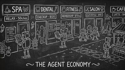 Chalkboard sketch of an AI agent marketplace with robot shoppers browsing local business storefronts