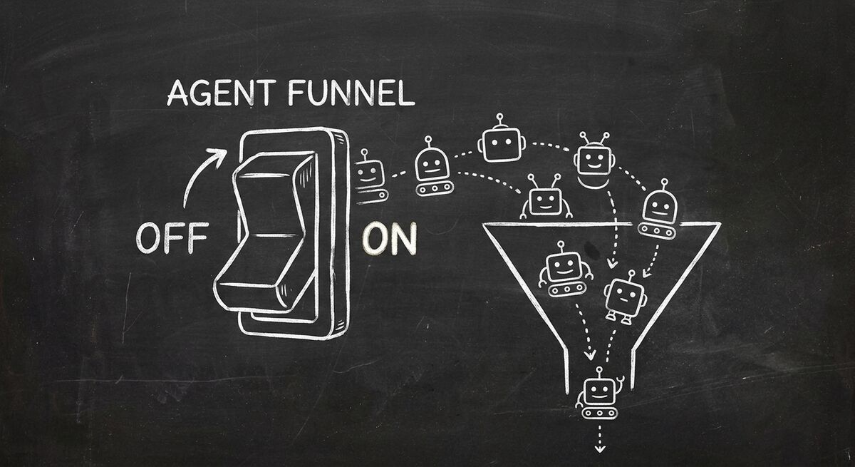 Toggle switch being flipped from OFF to ON labeled Agent Funnel with AI robot icons appearing