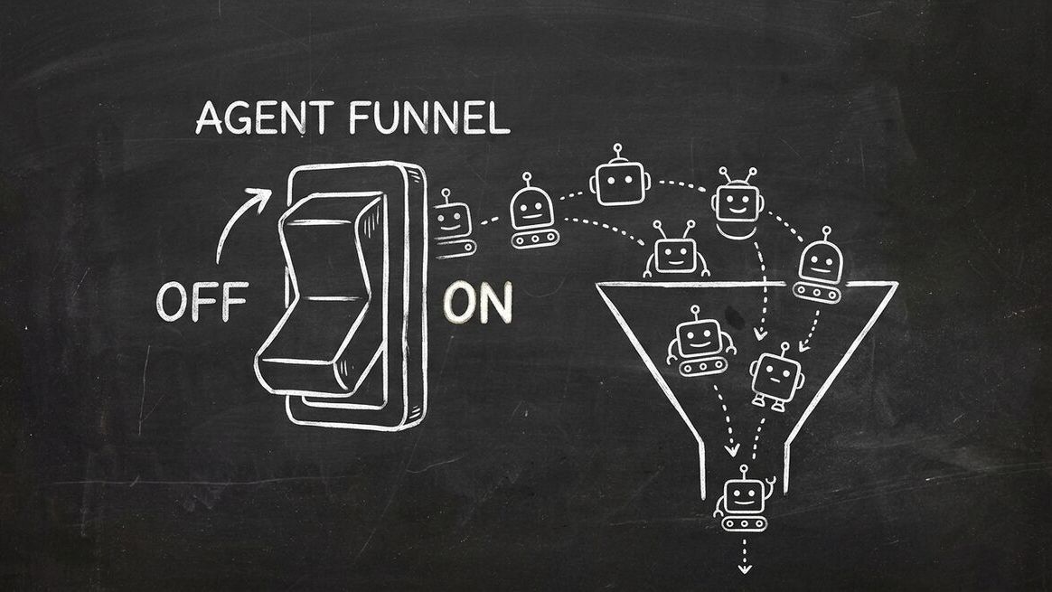 Toggle switch being flipped from OFF to ON labeled Agent Funnel with AI robot icons appearing