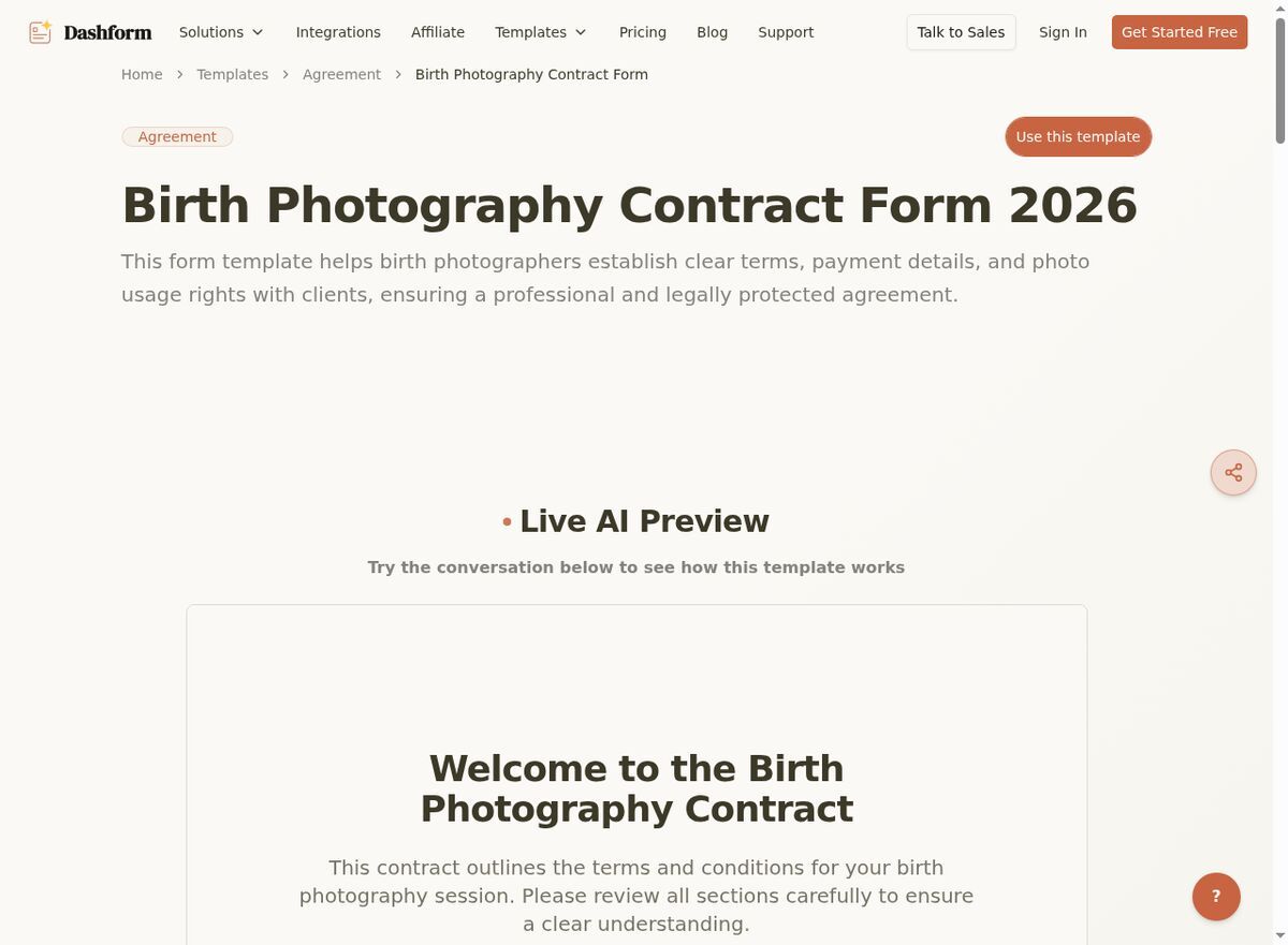 Dashform Photography Contract Form template page screenshot