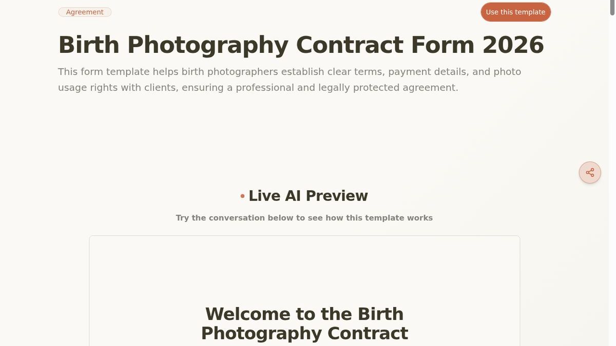 Dashform Photography Contract Form template page screenshot