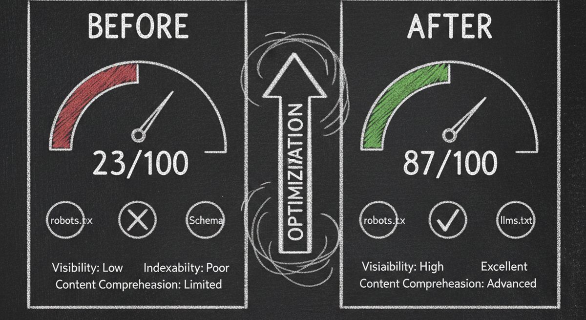 Before and after comparison showing website AI visibility improvements with score gauges