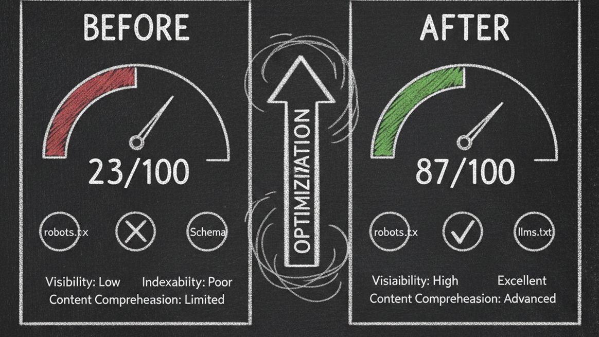 Before and after comparison showing website AI visibility improvements with score gauges