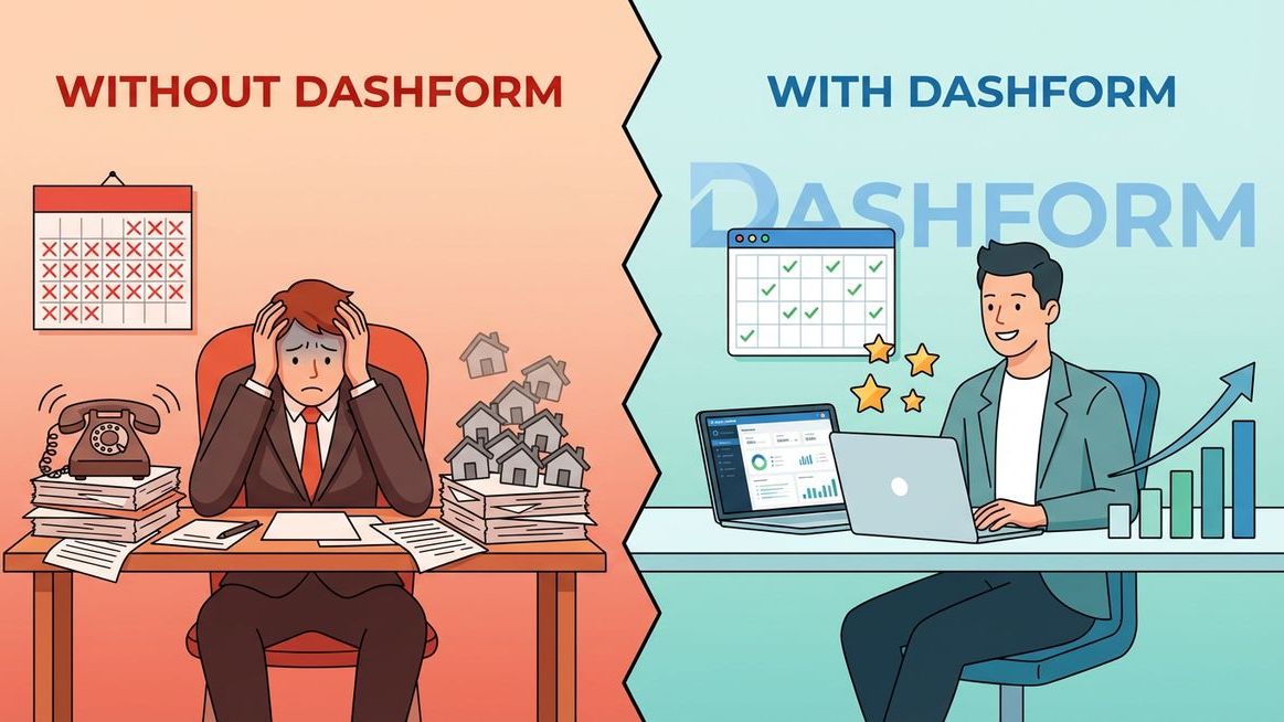 Before and after comparison: real estate agent overwhelmed with unqualified leads versus using Dashform with only qualified leads on calendar