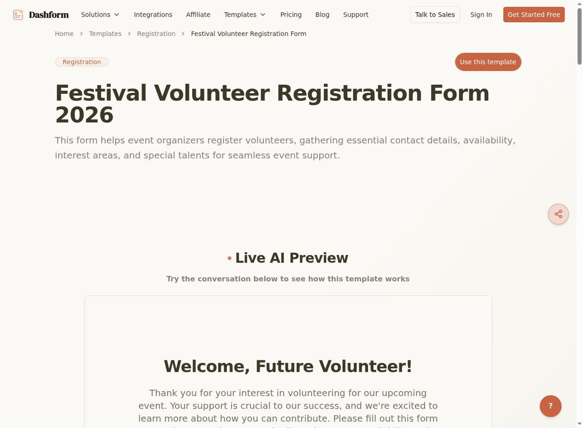 Dashform Festival Volunteer Registration Form template page screenshot